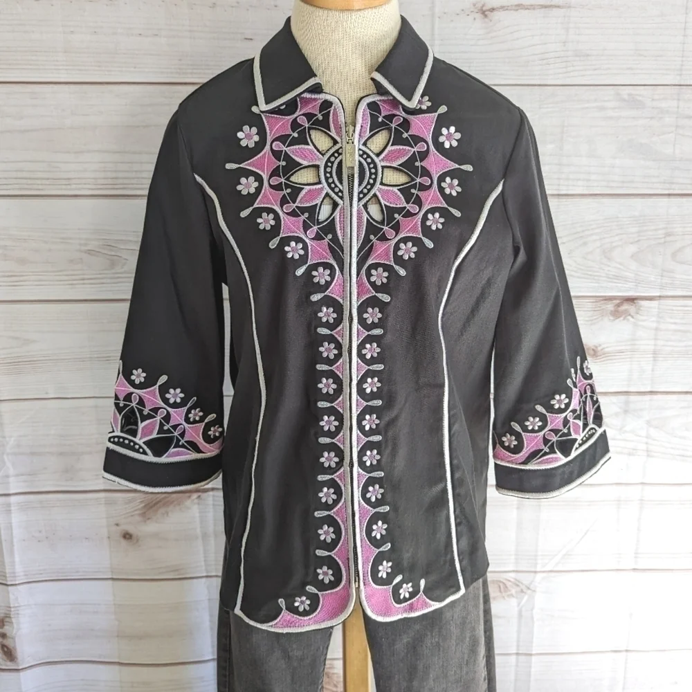 Bob Mackie Vintage Embroidered Cut Out Jacket in Black Pink and White Size Small - Picture 7 of 13